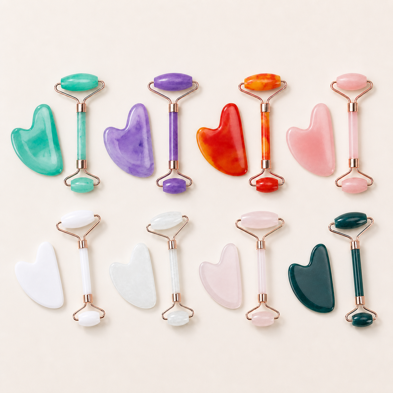 Eight Gua Sha and facial roller bundle colour variants