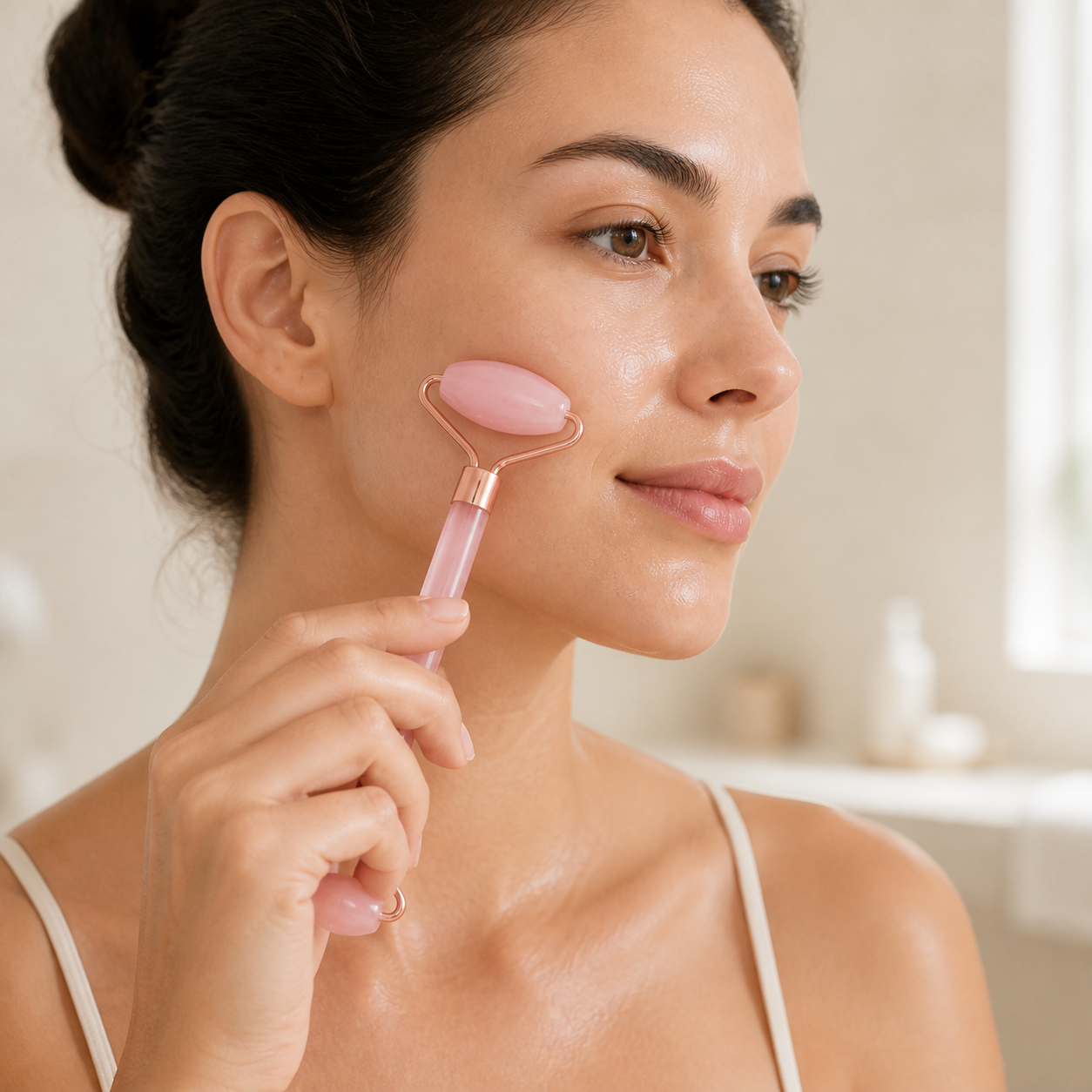 Woman using a pink facial roller on her cheek