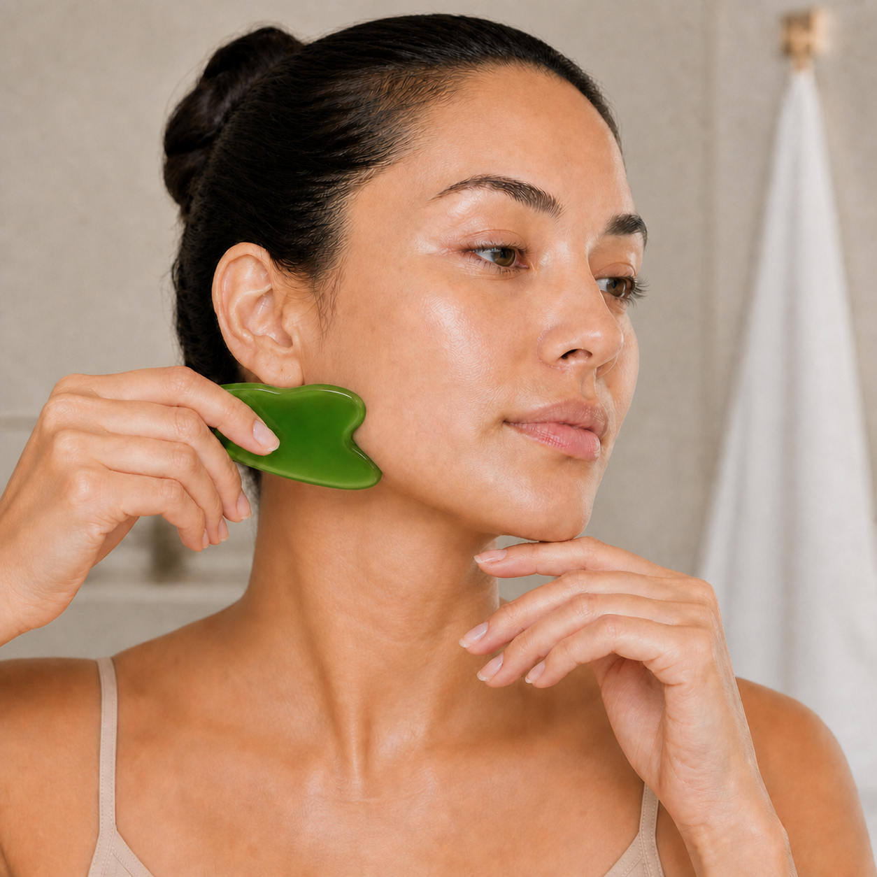Woman using a green Gua Sha along her jawline