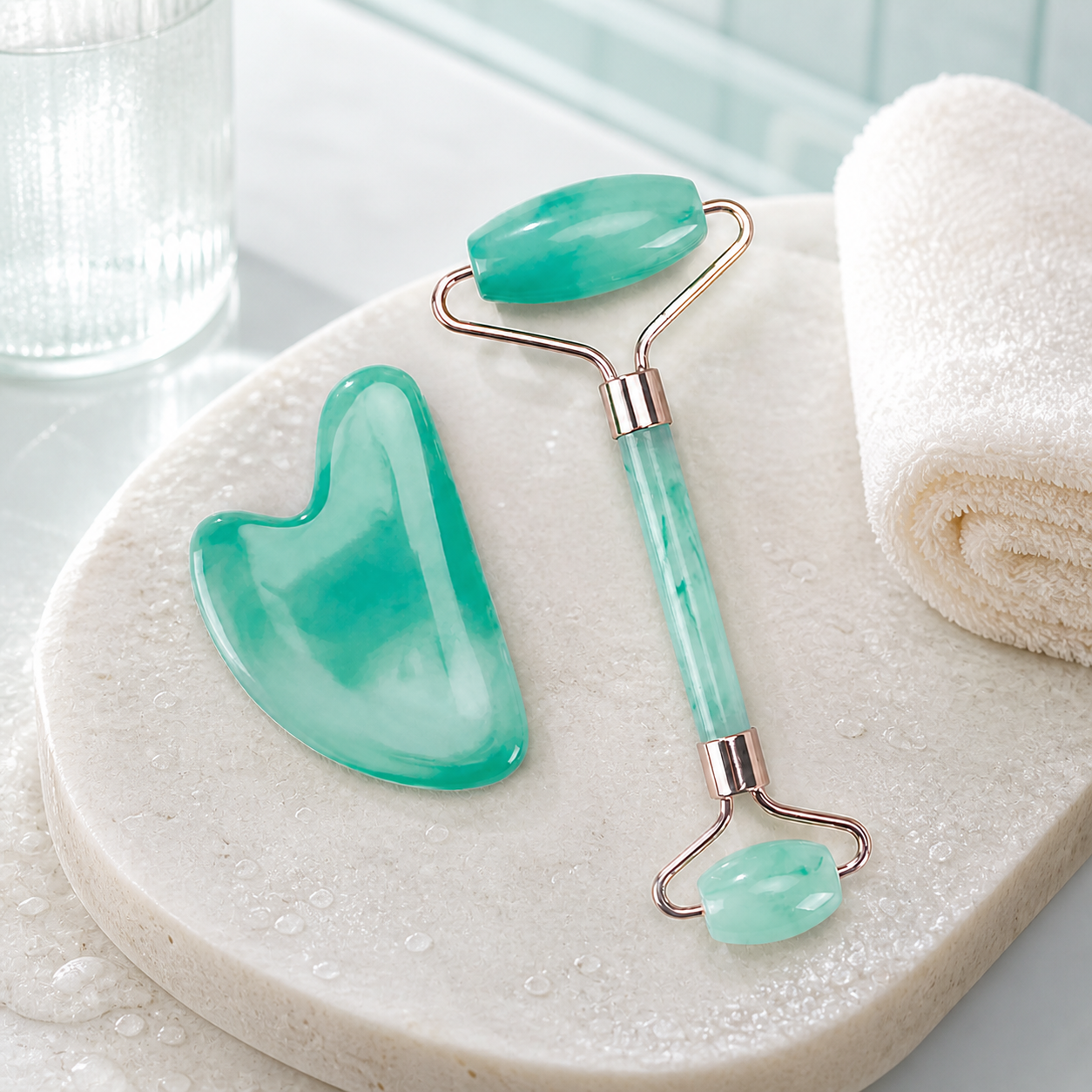 Aqua Gua Sha and facial roller cooling on a stone tray