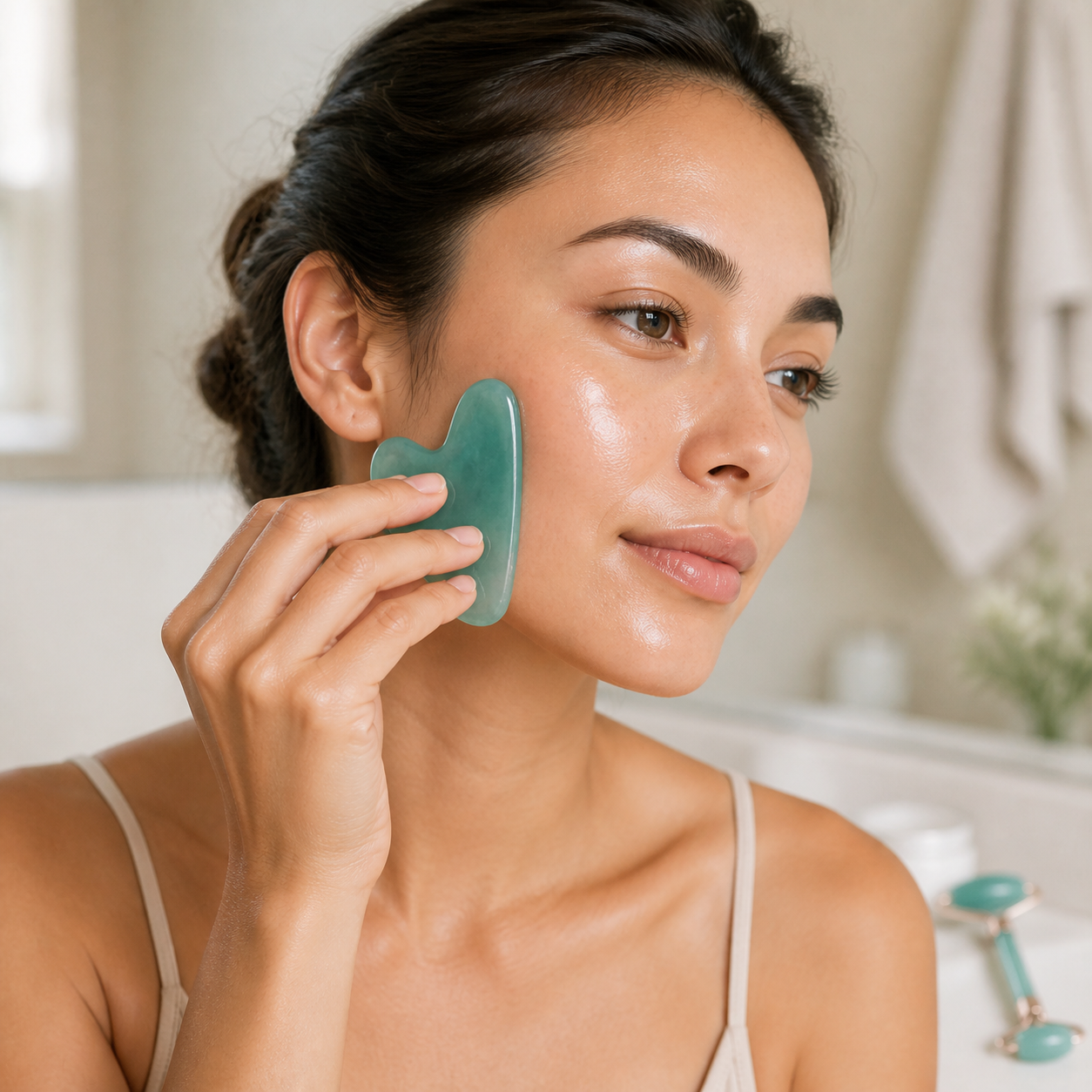 Woman gliding an aqua Gua Sha along her cheek