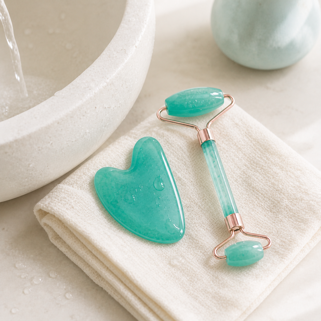 Clean aqua Gua Sha and facial roller drying beside a sink
